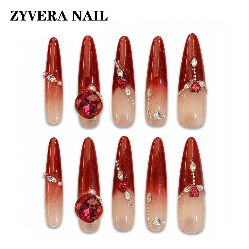 ruby red ombre crystal almond press-on nails full ten-piece set