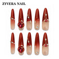 ruby red ombre crystal almond press-on nails full ten-piece set