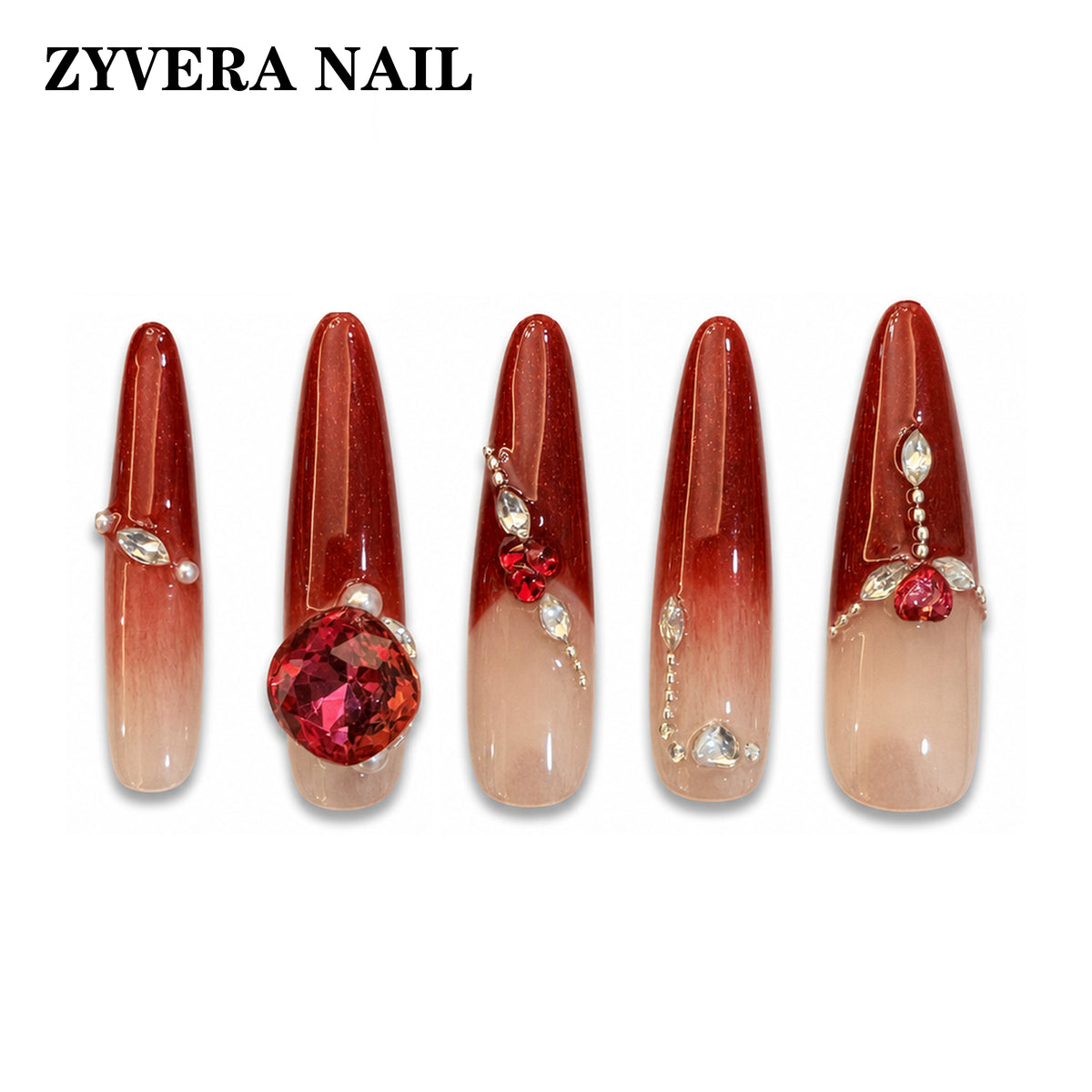 ruby red ombre crystal almond press-on nails featured nail designs