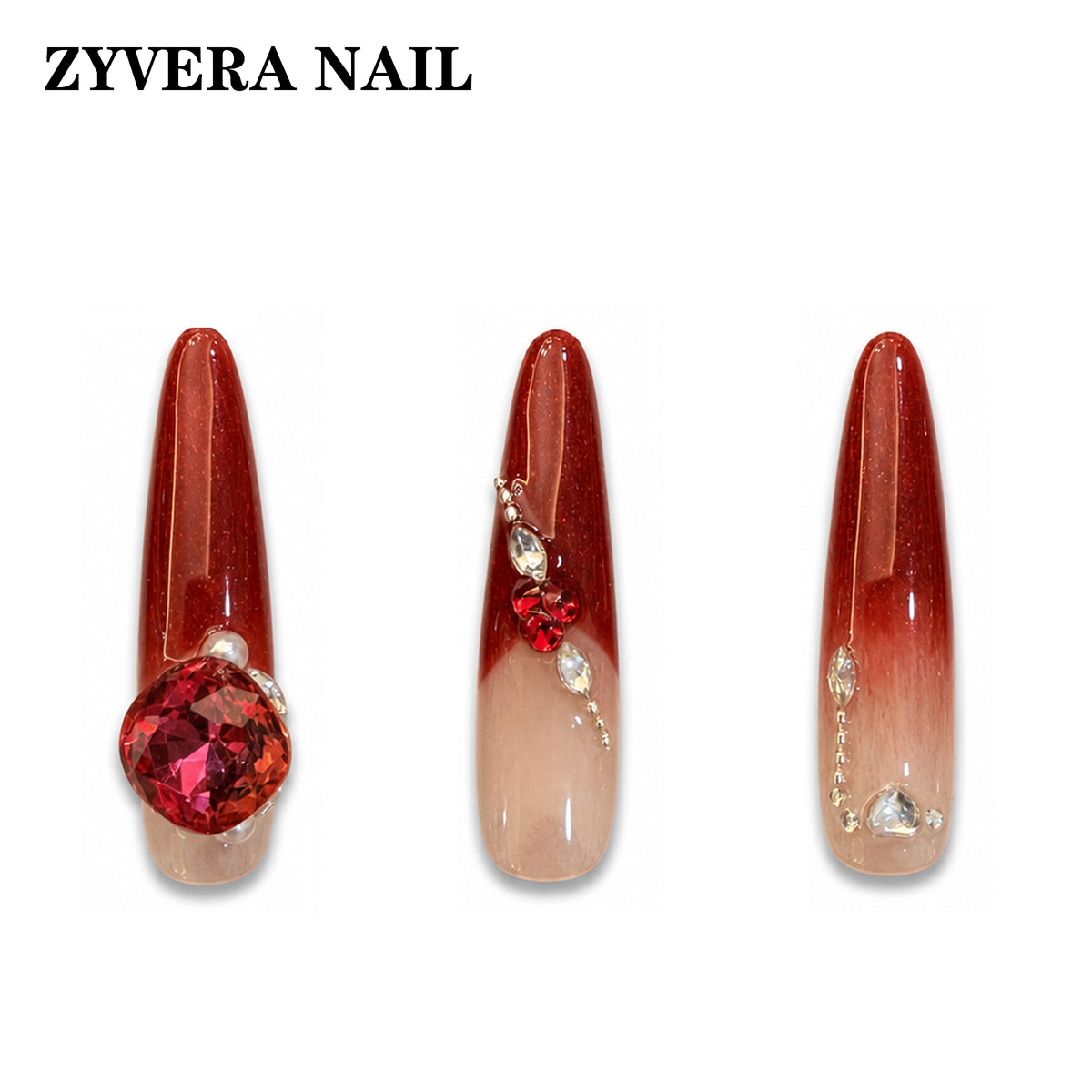 ruby red ombre crystal almond press-on nails three-nail detail view