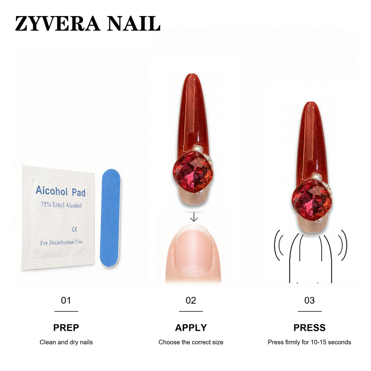 Zyvera Nail press-on nail application steps and included tools