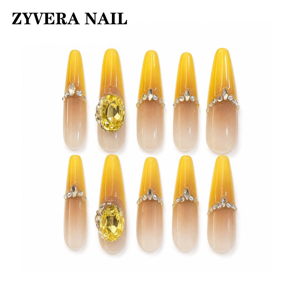 yellow nude ombre citrine crystal almond press-on nails full ten-piece set
