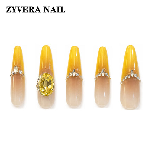 yellow nude ombre citrine crystal almond press-on nails featured nail designs