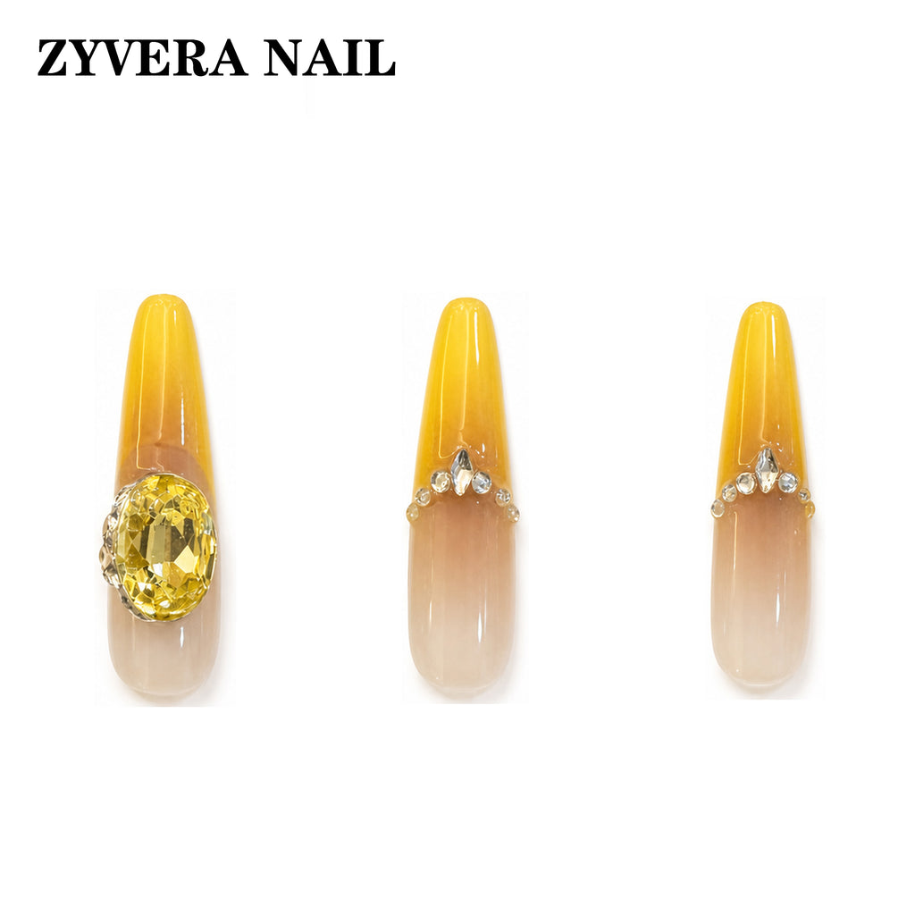yellow nude ombre citrine crystal almond press-on nails three-nail detail view