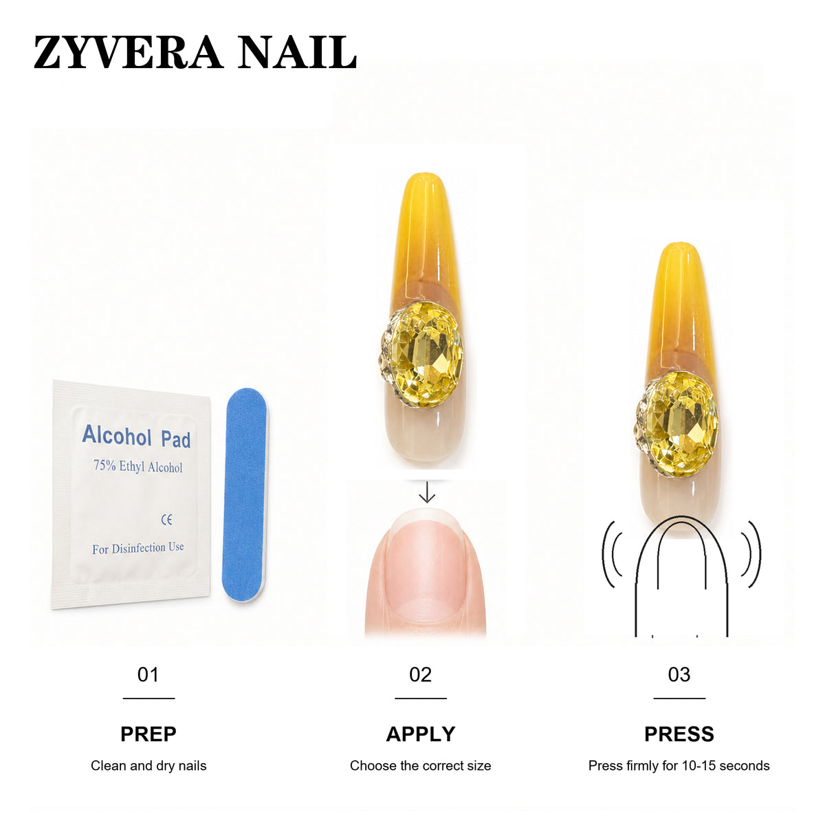 Zyvera Nail press-on nail application steps and included tools