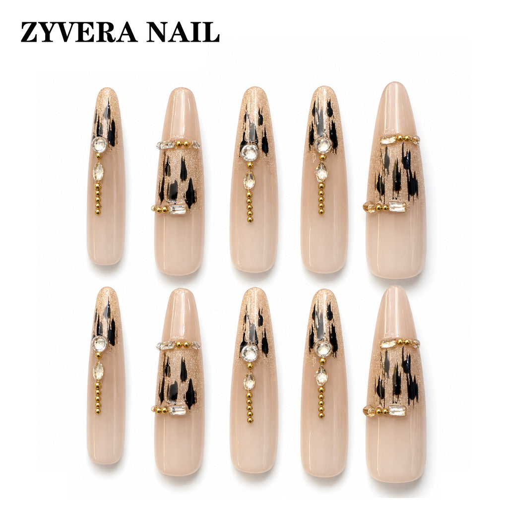 nude black gold abstract almond press-on nails full ten-piece set