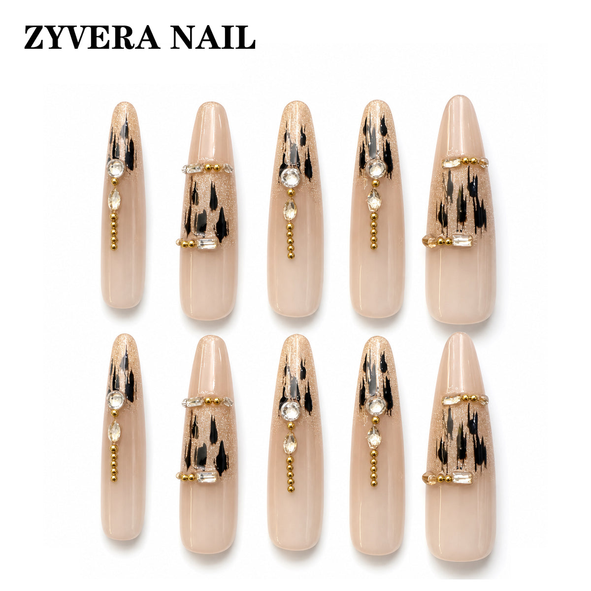 nude black gold abstract almond press-on nails full ten-piece set