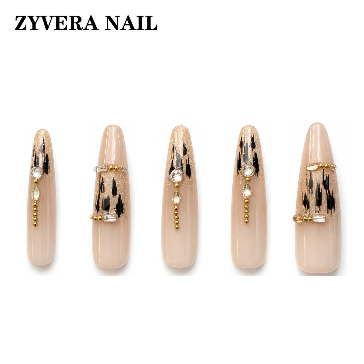 nude black gold abstract almond press-on nails featured nail designs