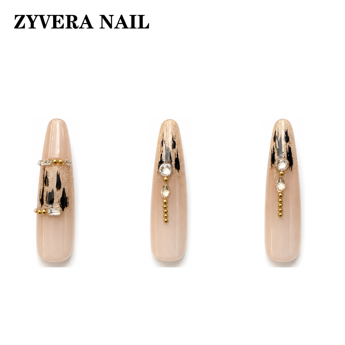 nude black gold abstract almond press-on nails three-nail detail view