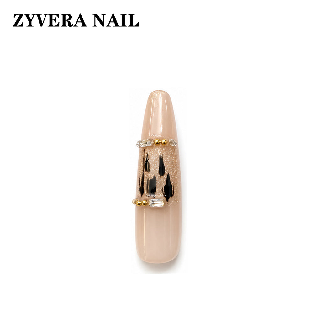 nude black gold abstract almond press-on nails single nail macro detail