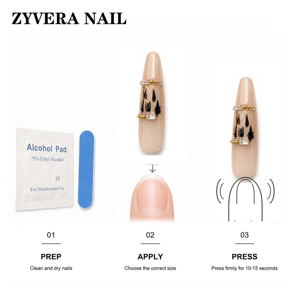 Zyvera Nail press-on nail application steps and included tools