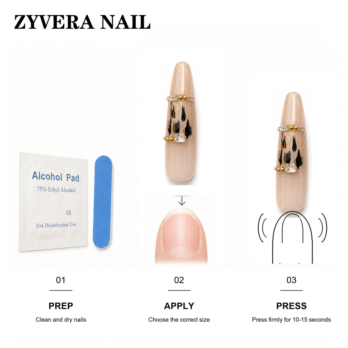 Zyvera Nail press-on nail application steps and included tools