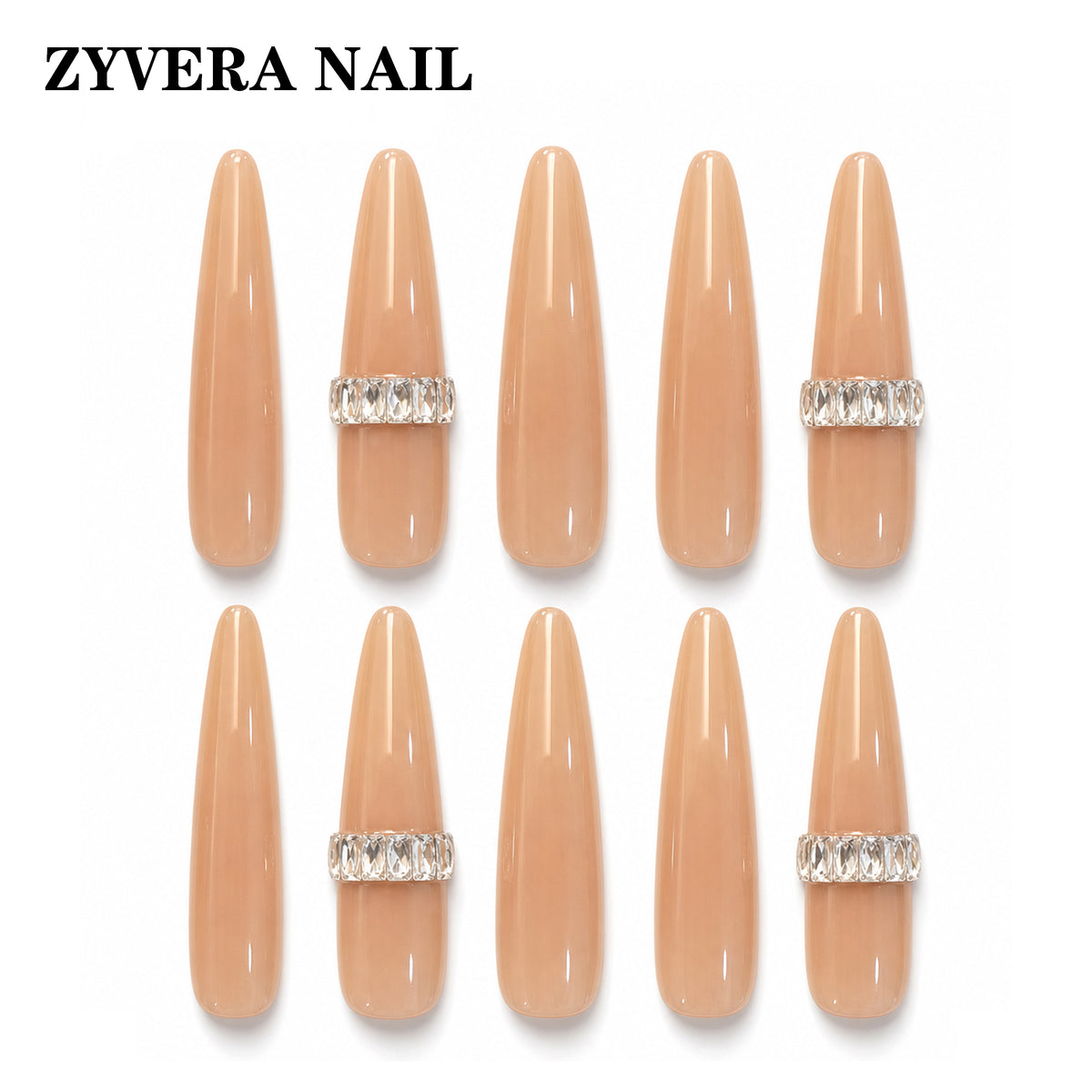 glossy nude minimalist crystal band almond press-on nails full ten-piece set