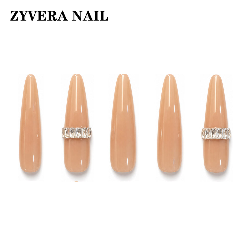 glossy nude minimalist crystal band almond press-on nails featured nail designs