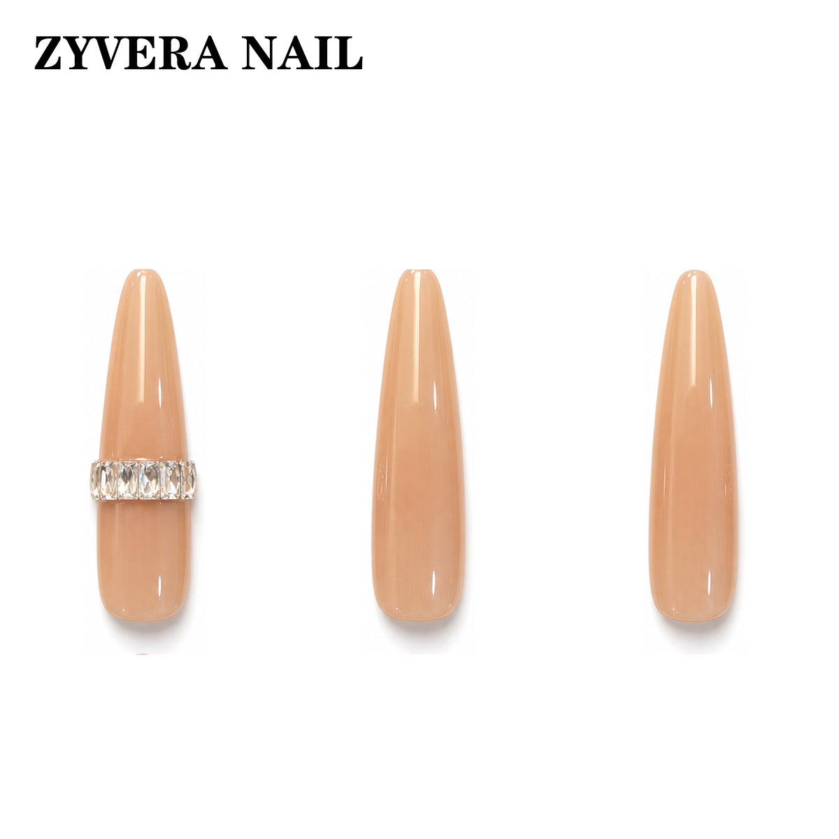 glossy nude minimalist crystal band almond press-on nails three-nail detail view