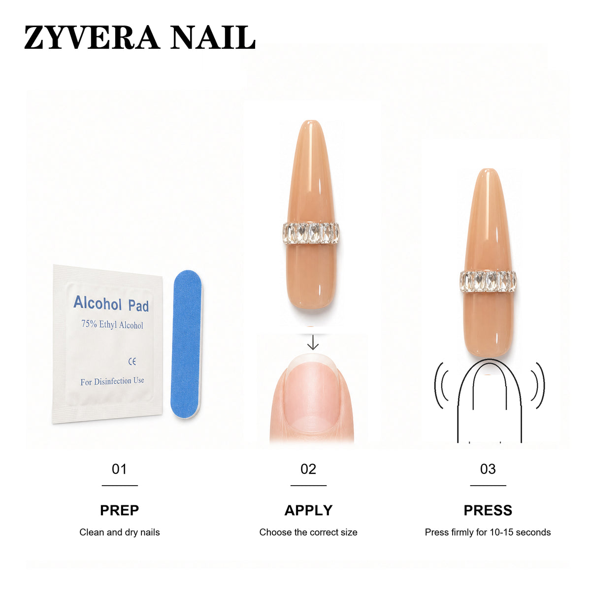 Zyvera Nail press-on nail application steps and included tools